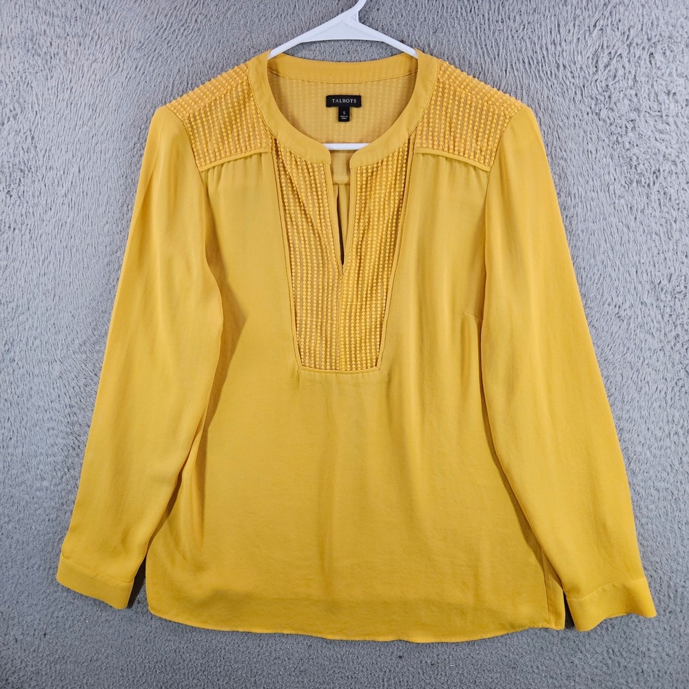 Talbots Womens Small Mustard Yellow Embroidered Mesh Bib Long Sleeve Blouse Top
